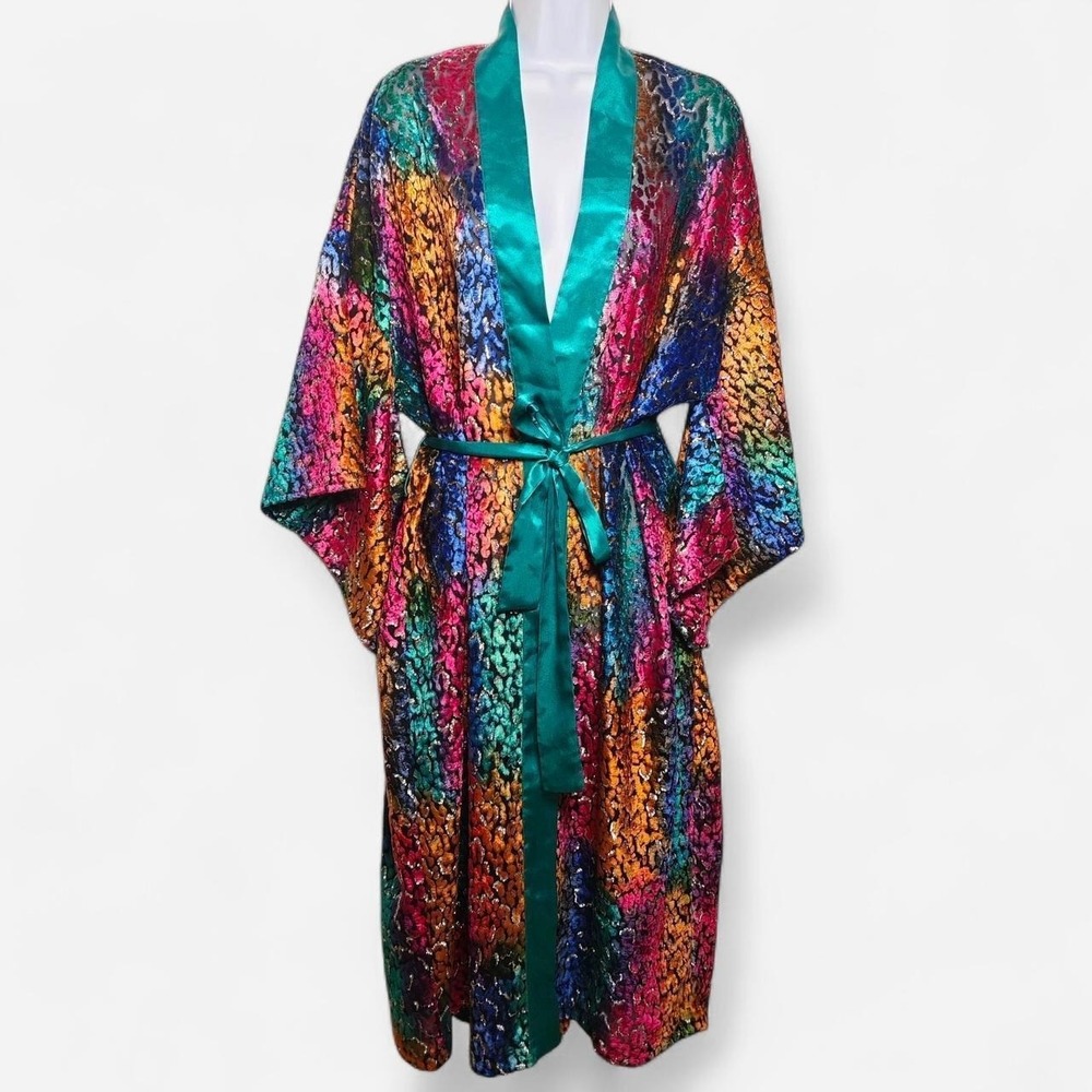Victoria's Secret Gold Label Leopard Print Robe Satin Trim Burnout Kimono OS